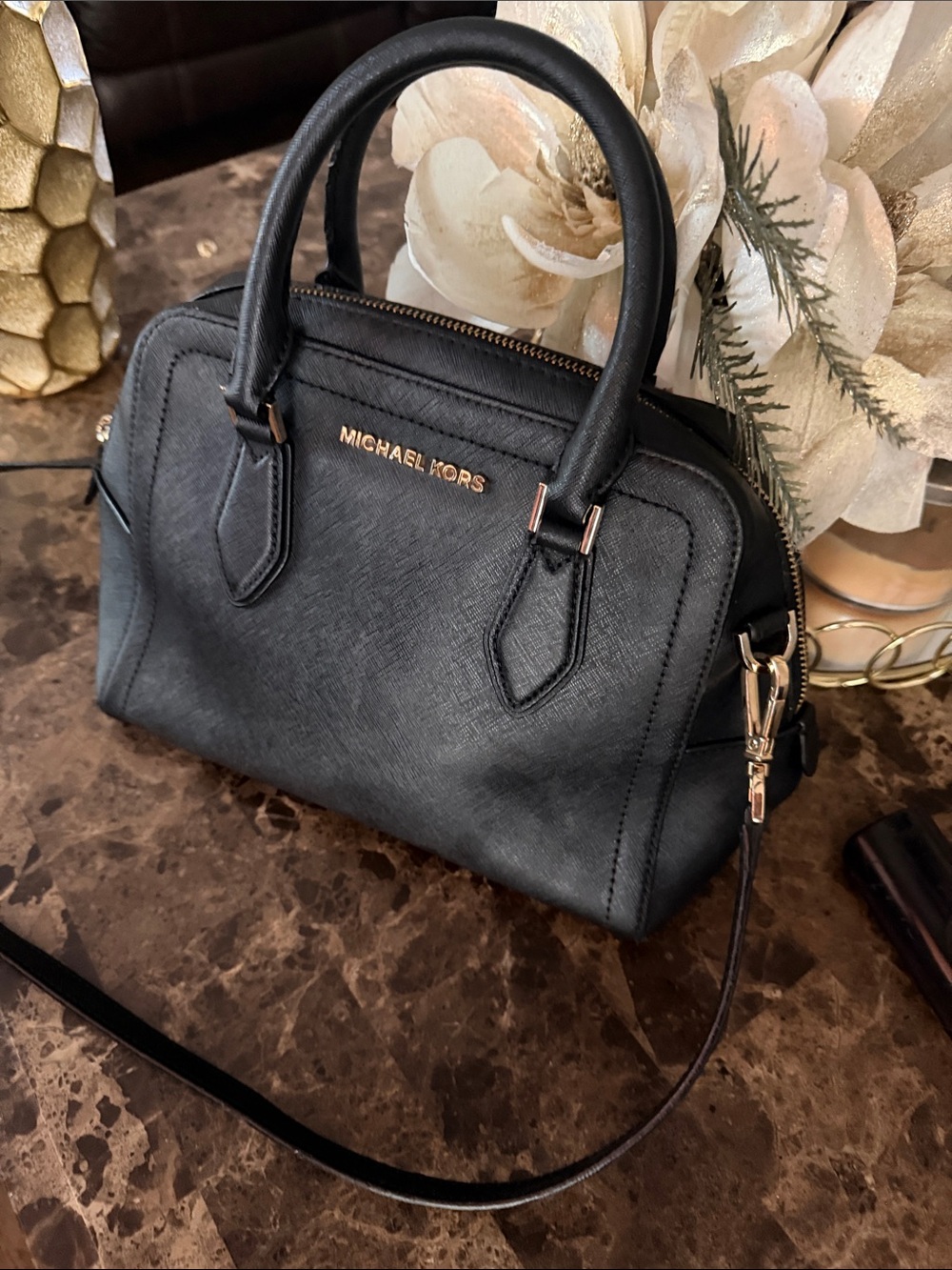 Michael Kors Black Saffiano Dome Satchel with Gold Hardware